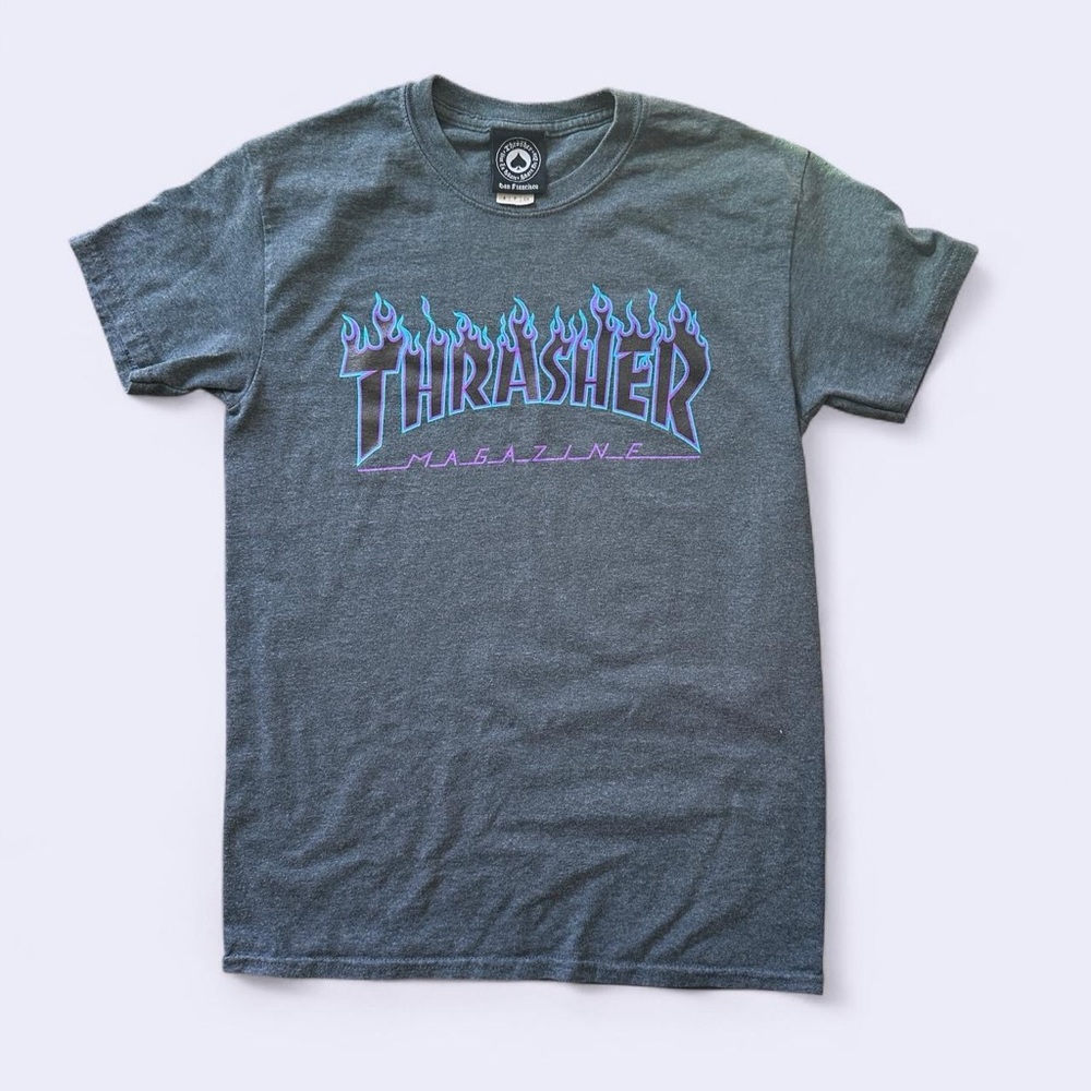 Thrasher Charcoal Tee with Blue and Purple Flames